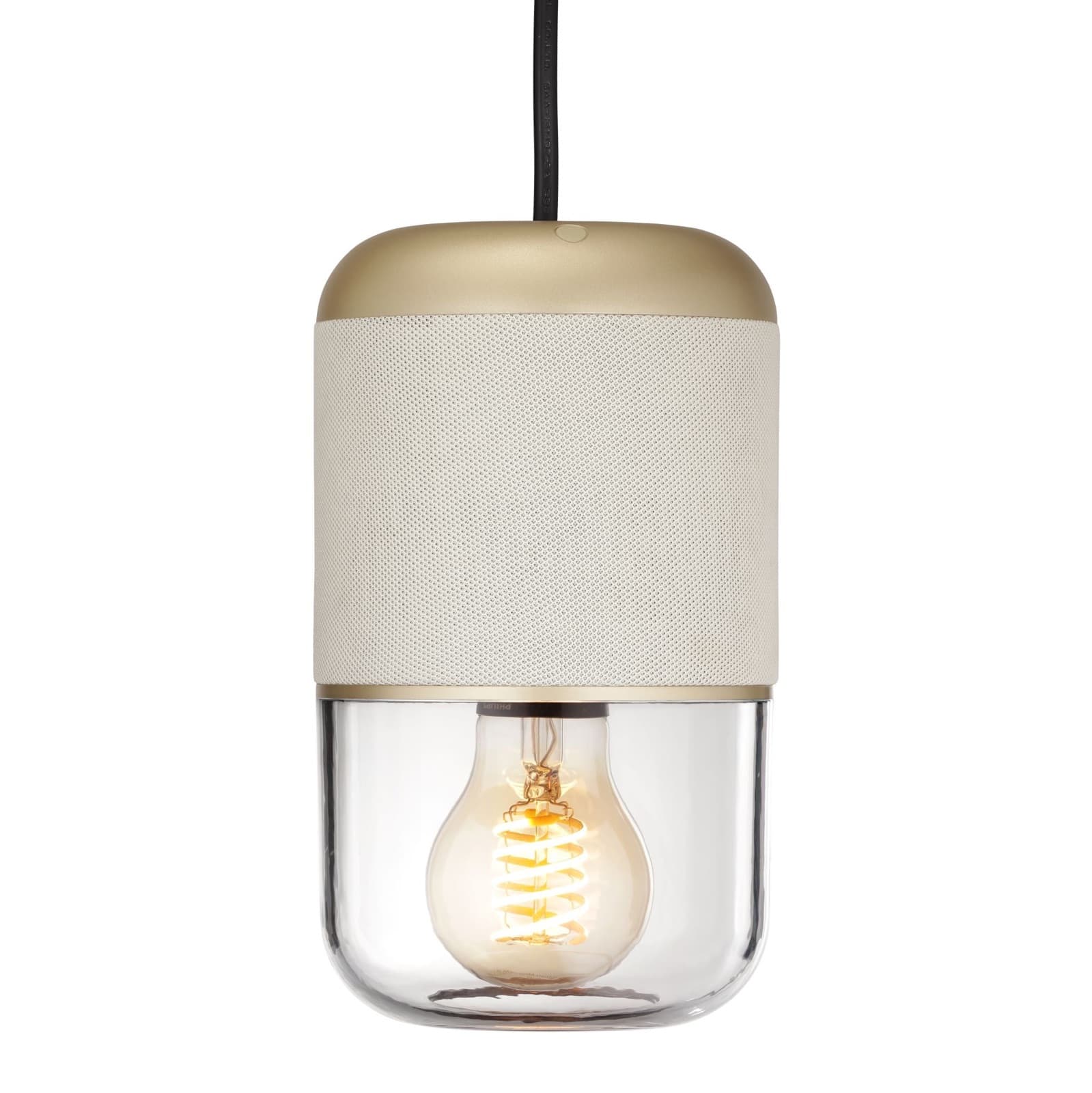 LEMUS Life i beige med gullfarget topp og tent spiralpære bak klart glass