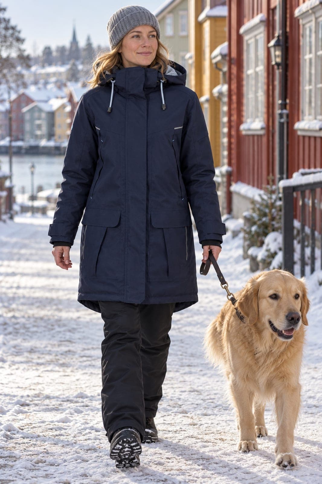 Illustrasjonsbilde laget med KI: en kvinne i Univern Pronordic vinterparkas i marine går med en hund i en snødekt gate med gamle trehus